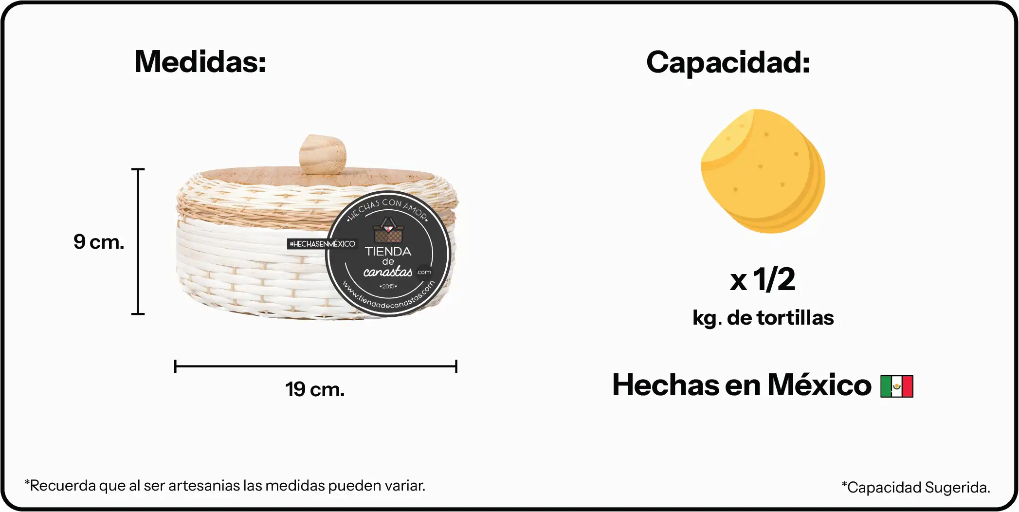 Medidas Tortillero de Mimbre Unicel Medio Kilo ISO x Tienda de Canastas
