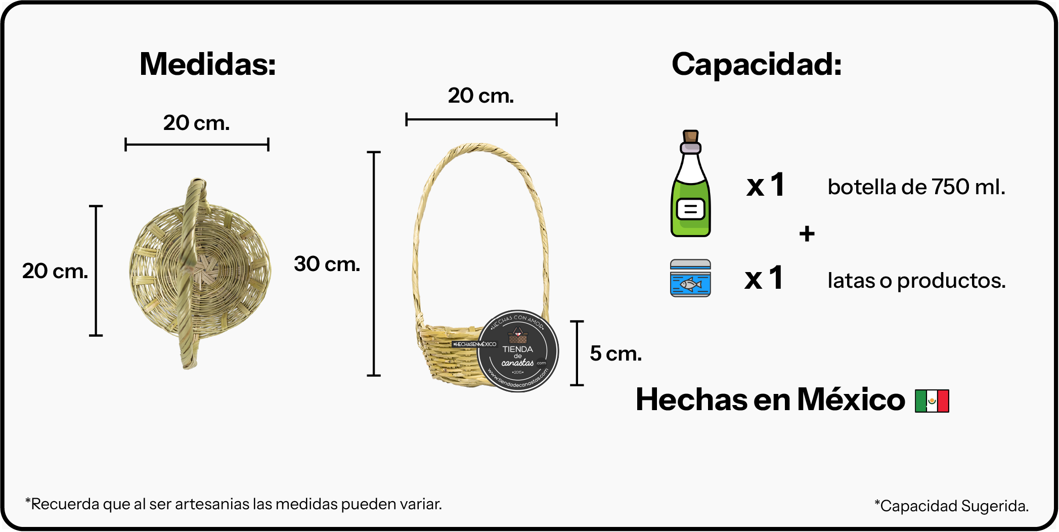 Medidas Canasta Asa Alta Chica - Tienda de Canastas