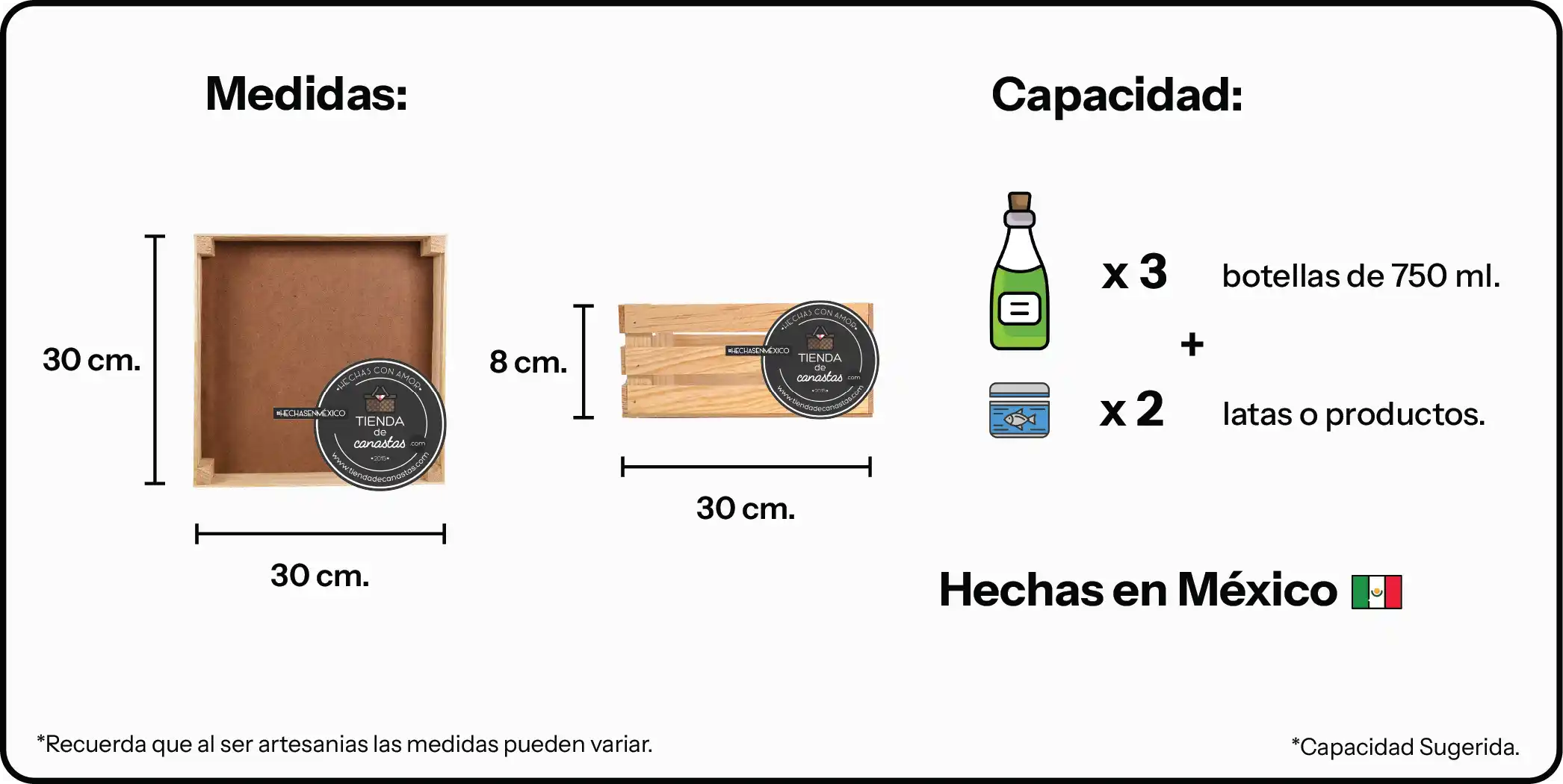 Medidas Huacal De Madera 30 x 30 cm x Tienda de Canastas