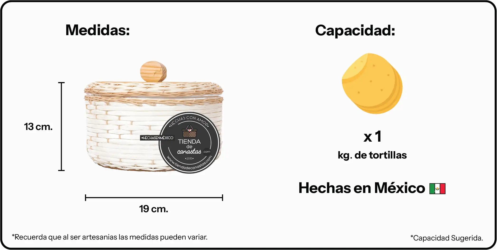 Medidas Tortillero de Mimbre Unicel Kilo ISO x Tienda de Canastas 