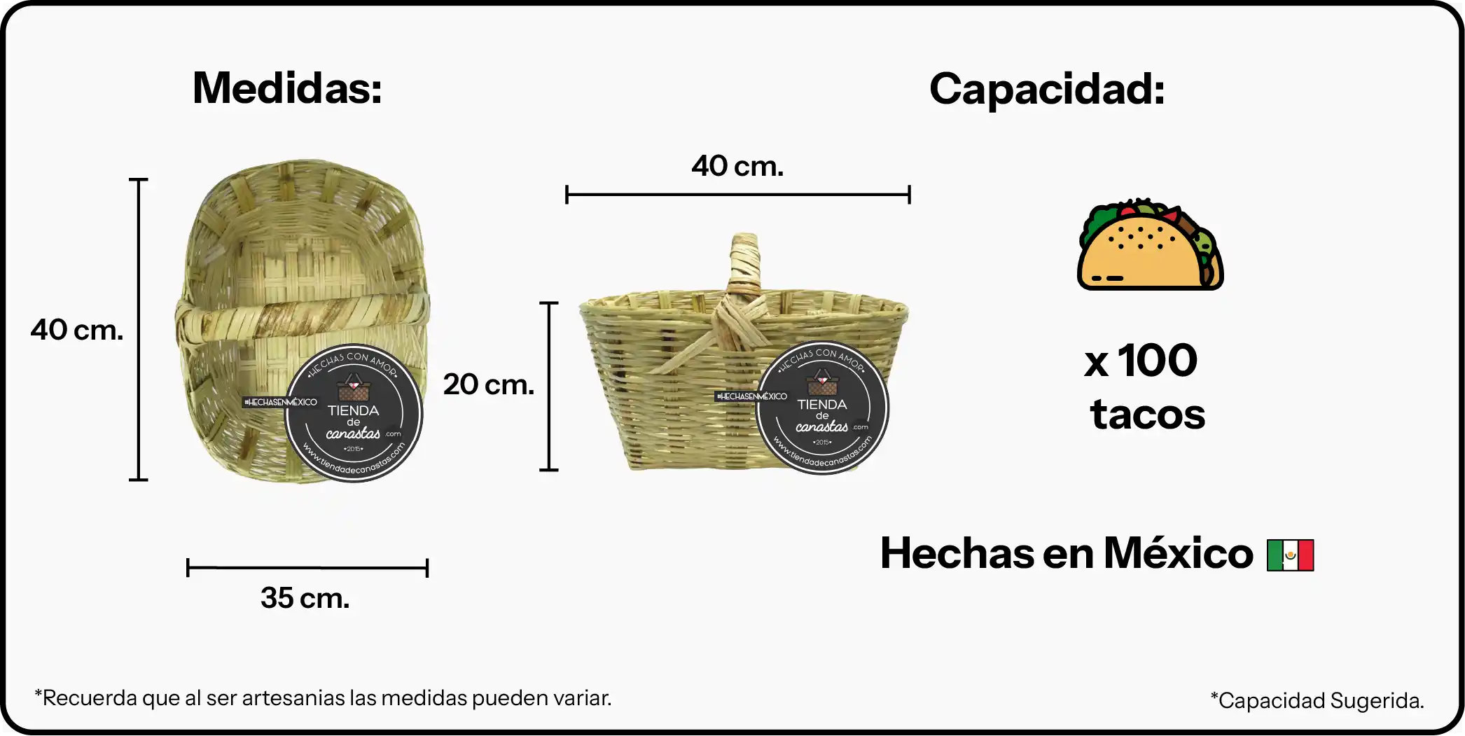 Medidas Canasta para 100 Tacos x Tienda de Canastas