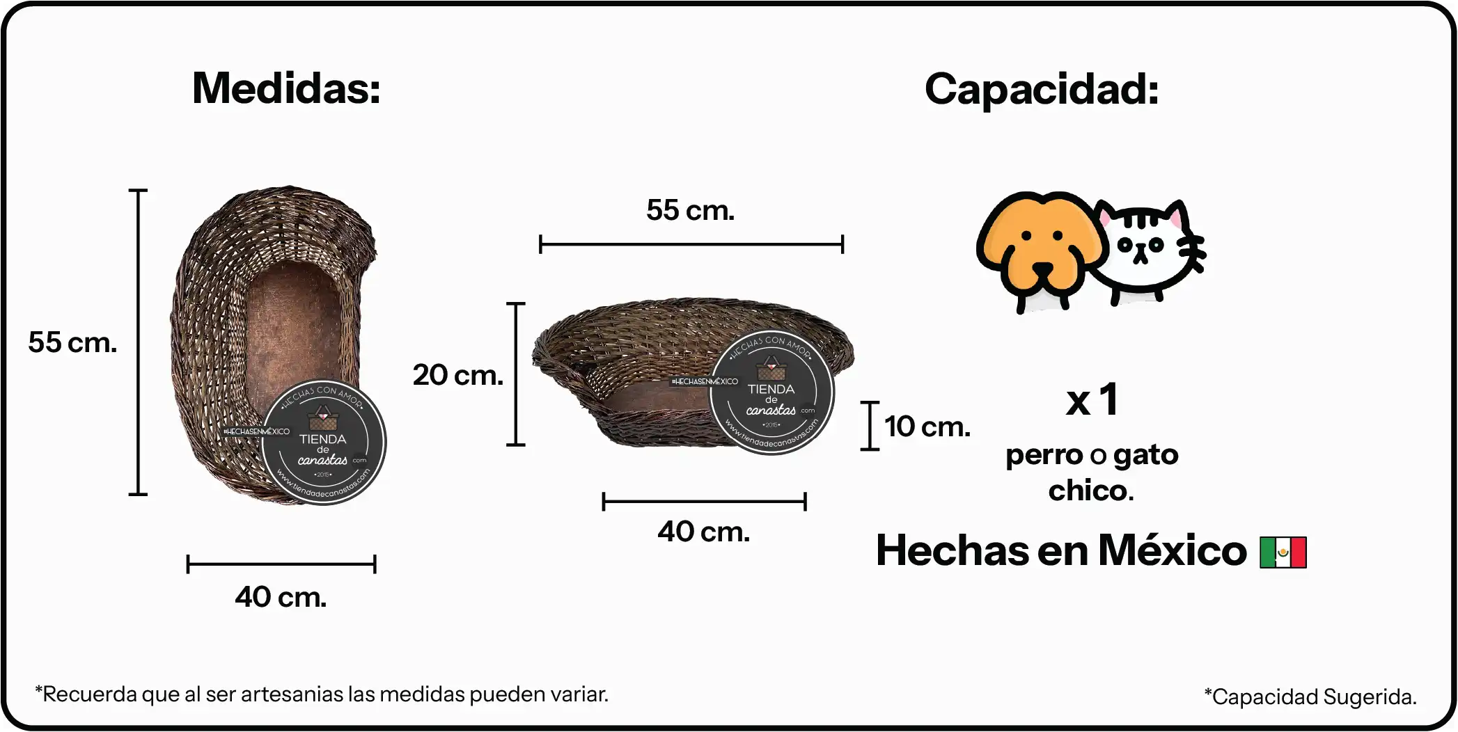 Medidas Cama para Mascotas Chocolate Chica x Tienda de Canastas