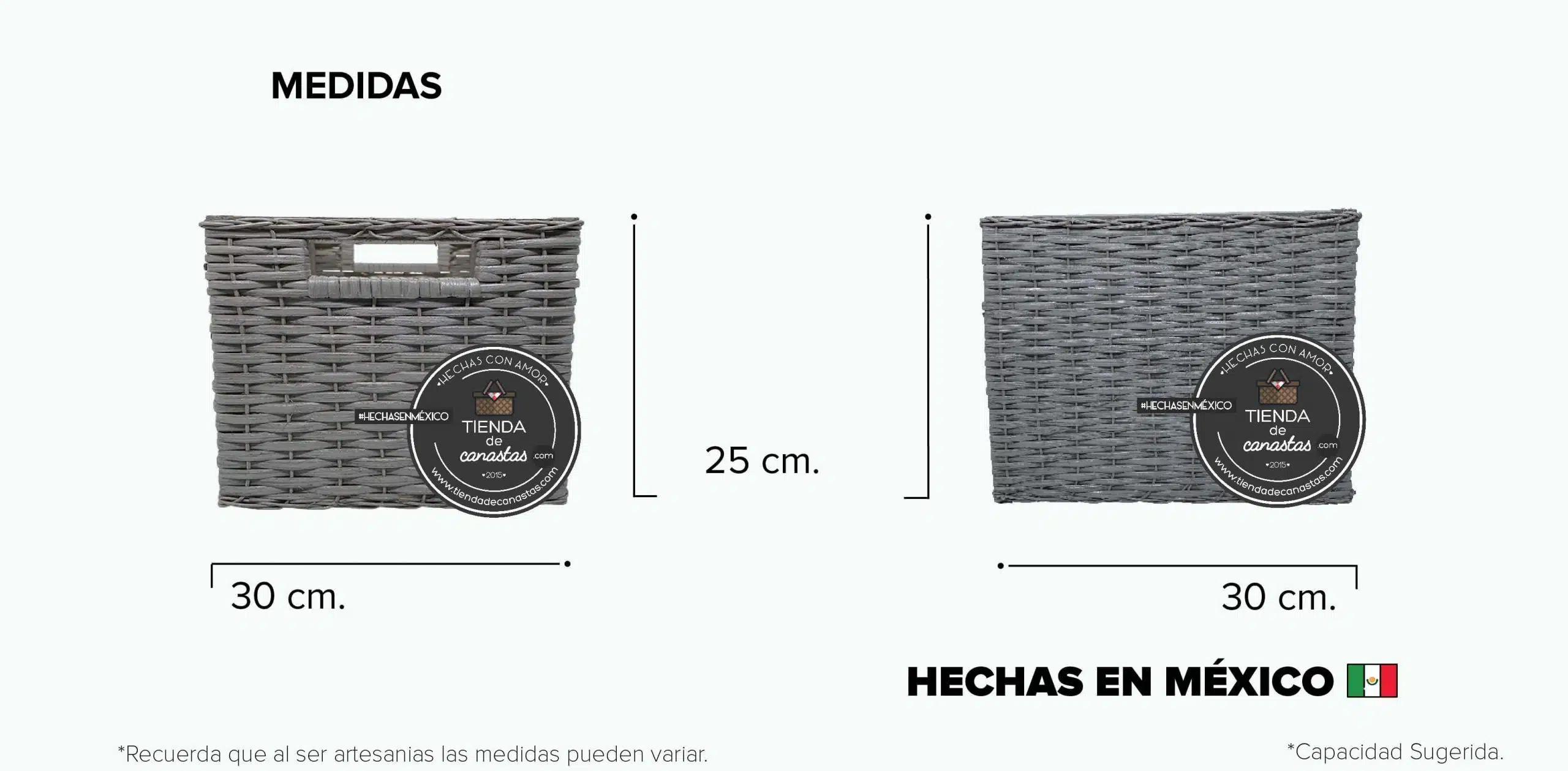 Medidas Cajón Cuadrado Alto de Mimbre Mediano Gris x Tienda de Canastas