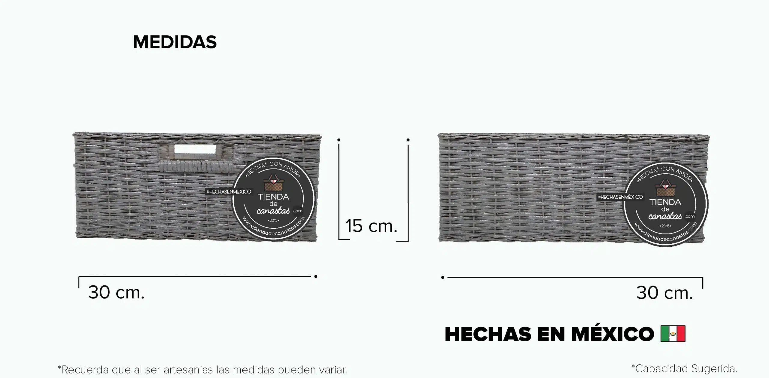 Medidas Cajón Cuadrado Bajo de Mimbre Mediano Gris x Tienda de Canastas
