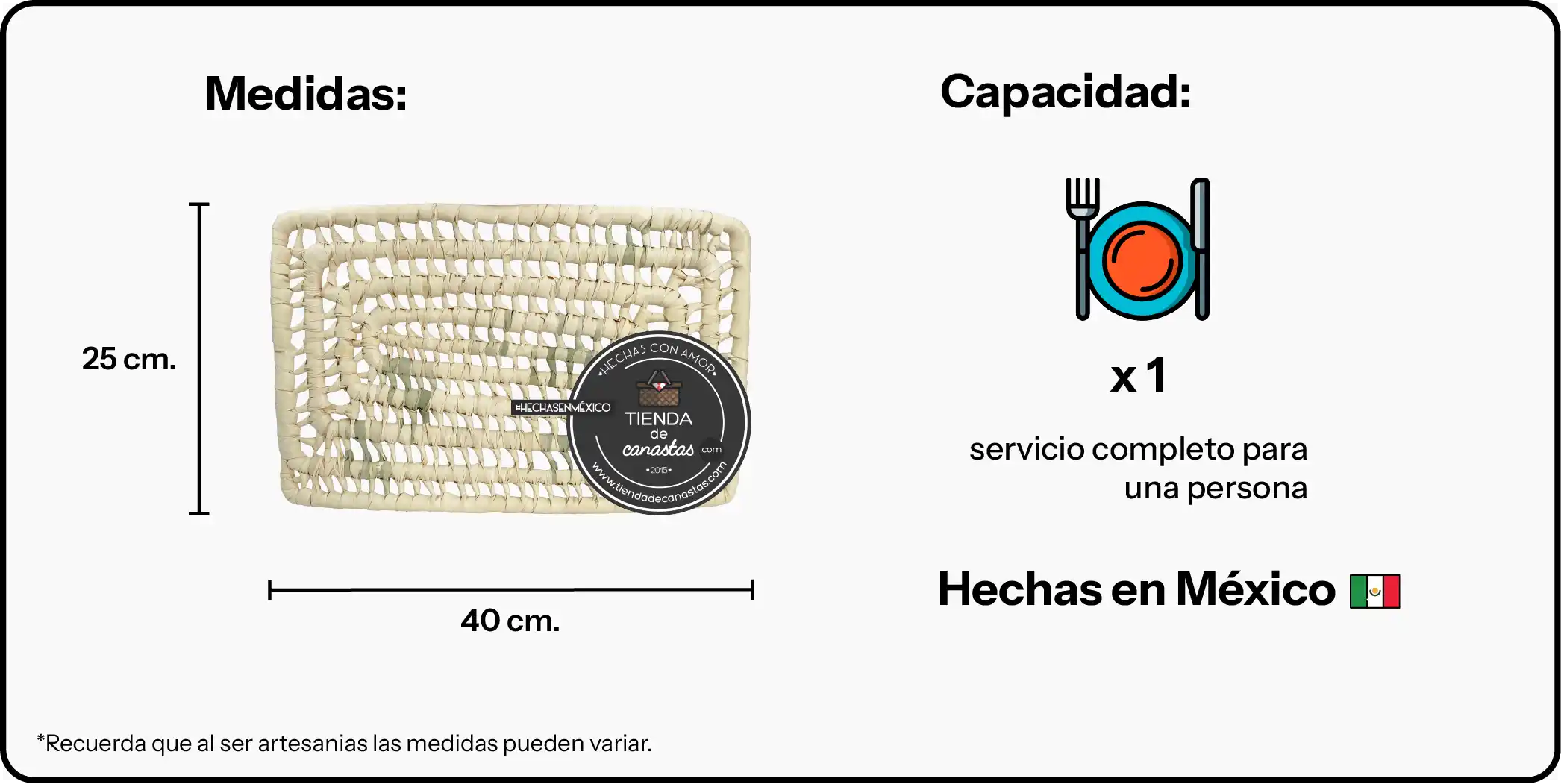 Medidas Bajo Plato de Palma Rectangular x Tienda de Canastas