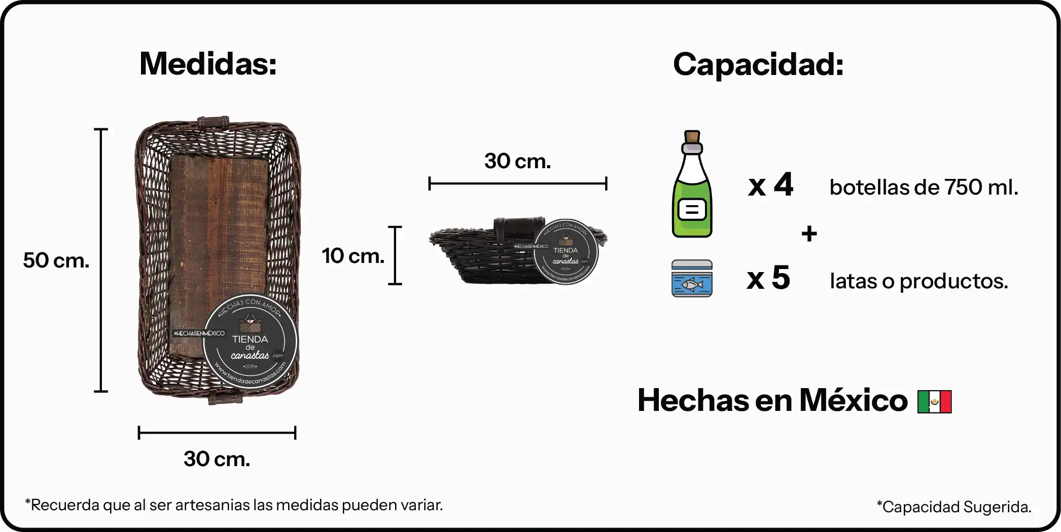 Medidas Charola Portuguesa Chocolate Mediana x Tienda de Canastas
