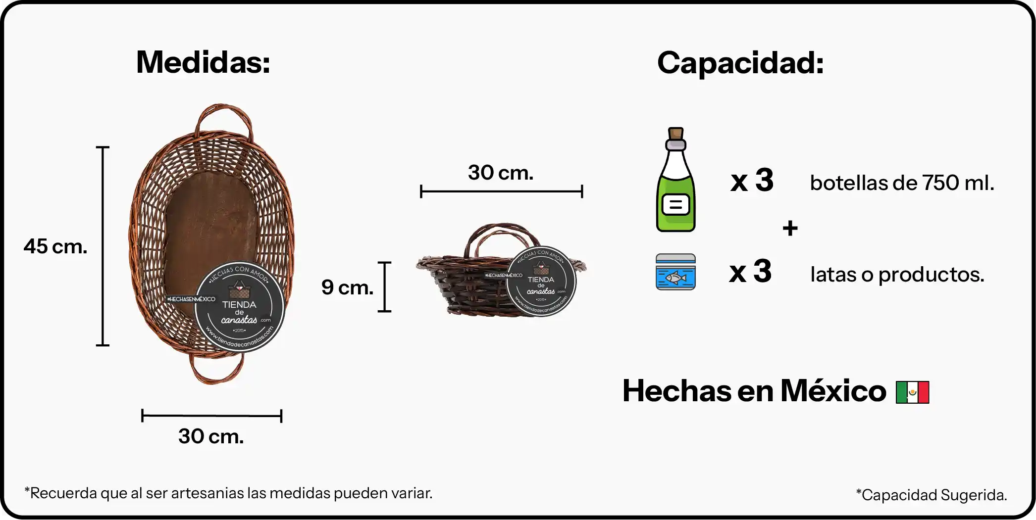 Medidas Charola Portuguesa Ovalada Chocolate Mediana x Tienda de Canastas