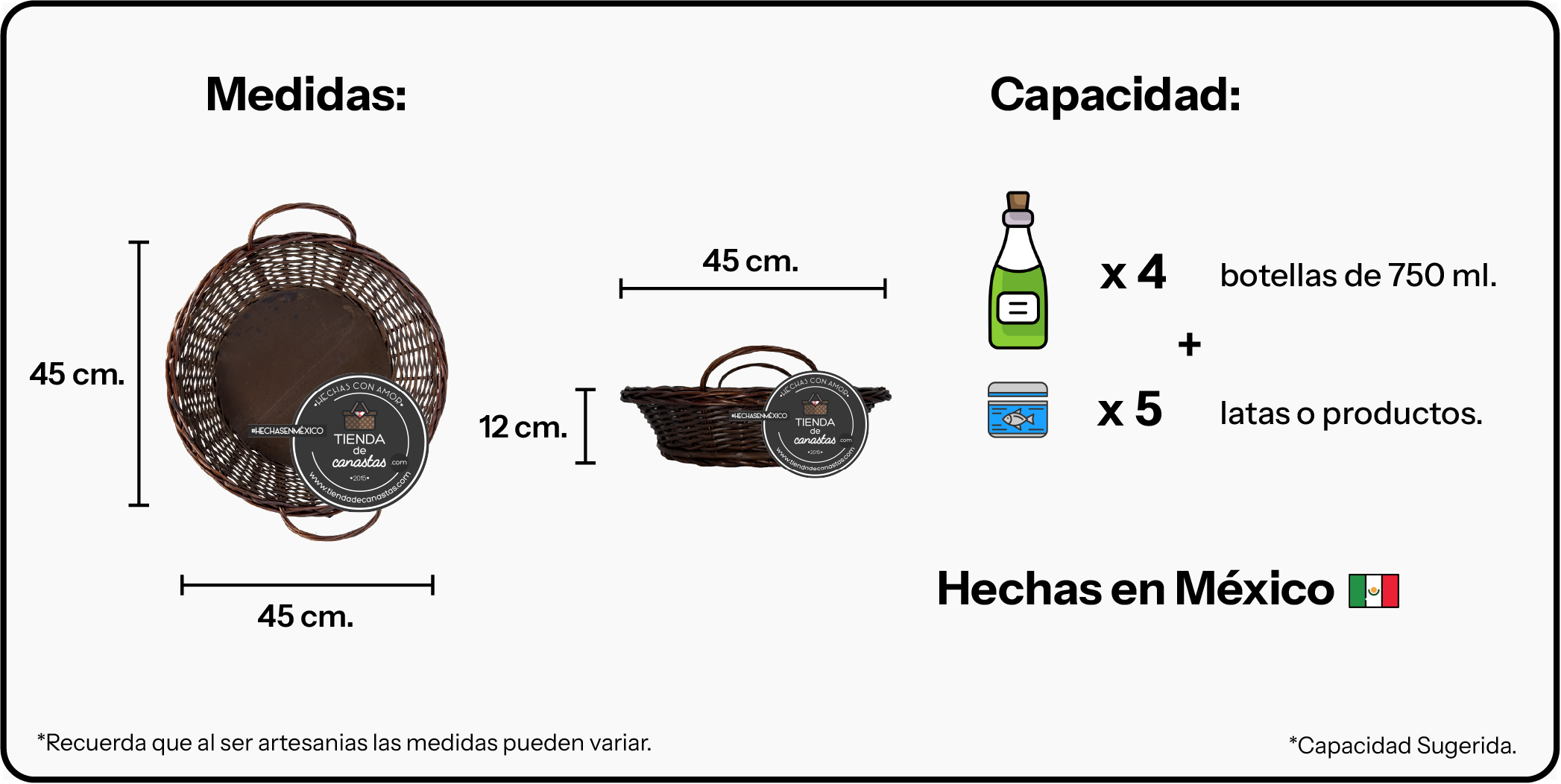 Medidas Charola Portuguesa Redonda Chocolate Mediana x Tienda de Canastas